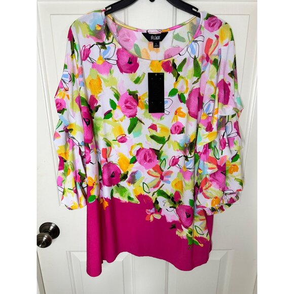 Slim Factor Blouse Investments Floral Womens Tunic Top Large 3/4 Ruffle Sleeve - Picture 3 of 10